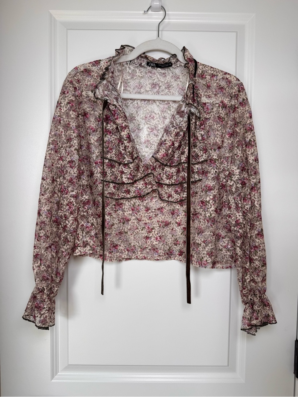 Zara Pink Floral Ruffle Tie-Front Crop Blouse